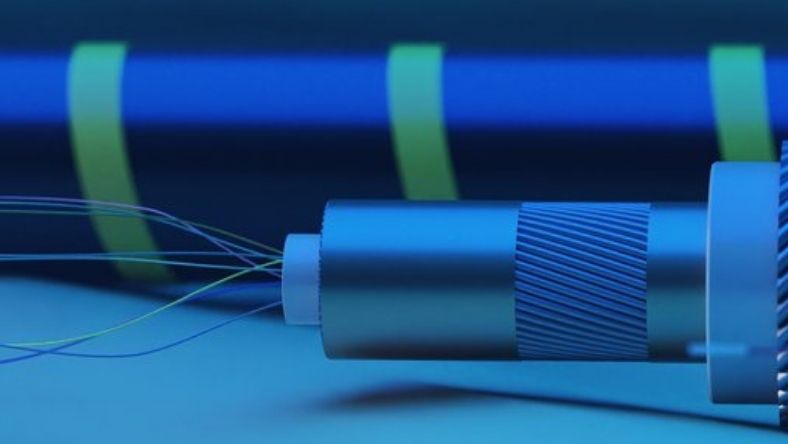 Close-up of fiber optic cable core with exposed strands