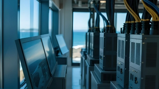 Network hardware and monitors connected by yellow cables inside a coastal operations room with sea views